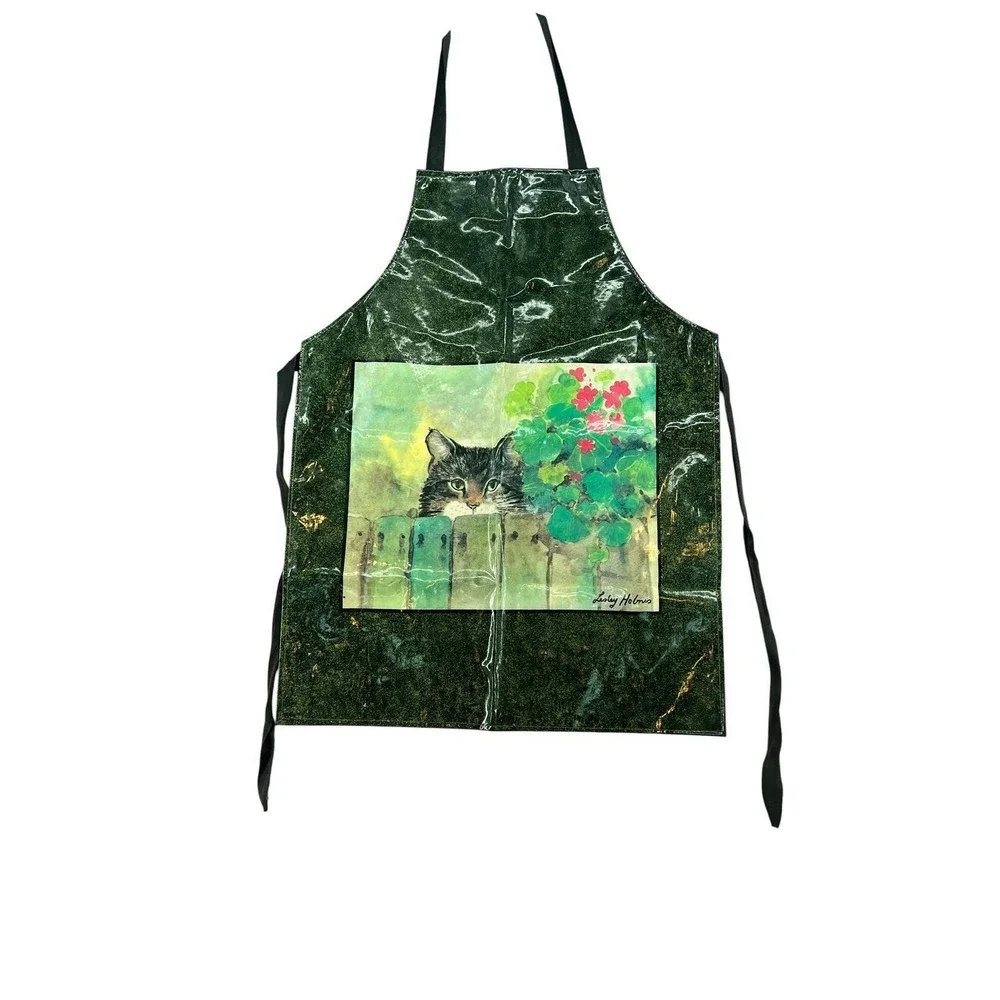 Vintage Lesley Holmes Cat Cottagecore Garden Apron Wipeable Wet Resistant Glossy